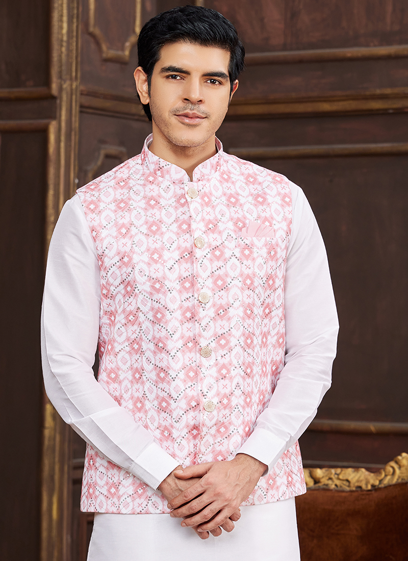 Buy Pink Banarasi Silk Digital Print Wedding Wear Radymade Modi Jacket Kurta Pajama Online From Surat Wholesale Shop